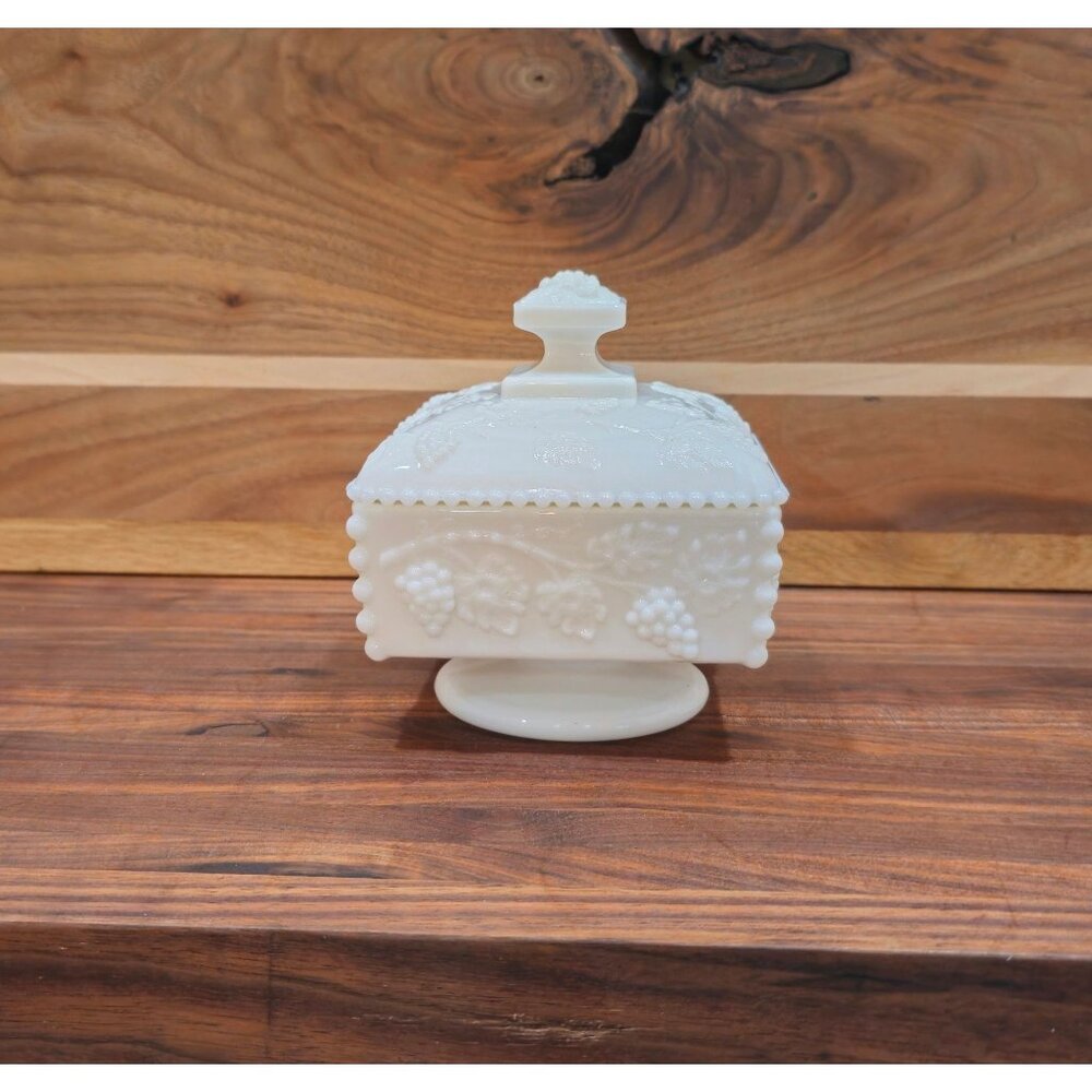 Vintage Westmorland Milk Glass Footed Covered Candy Dish, Paneled Grape and Lea